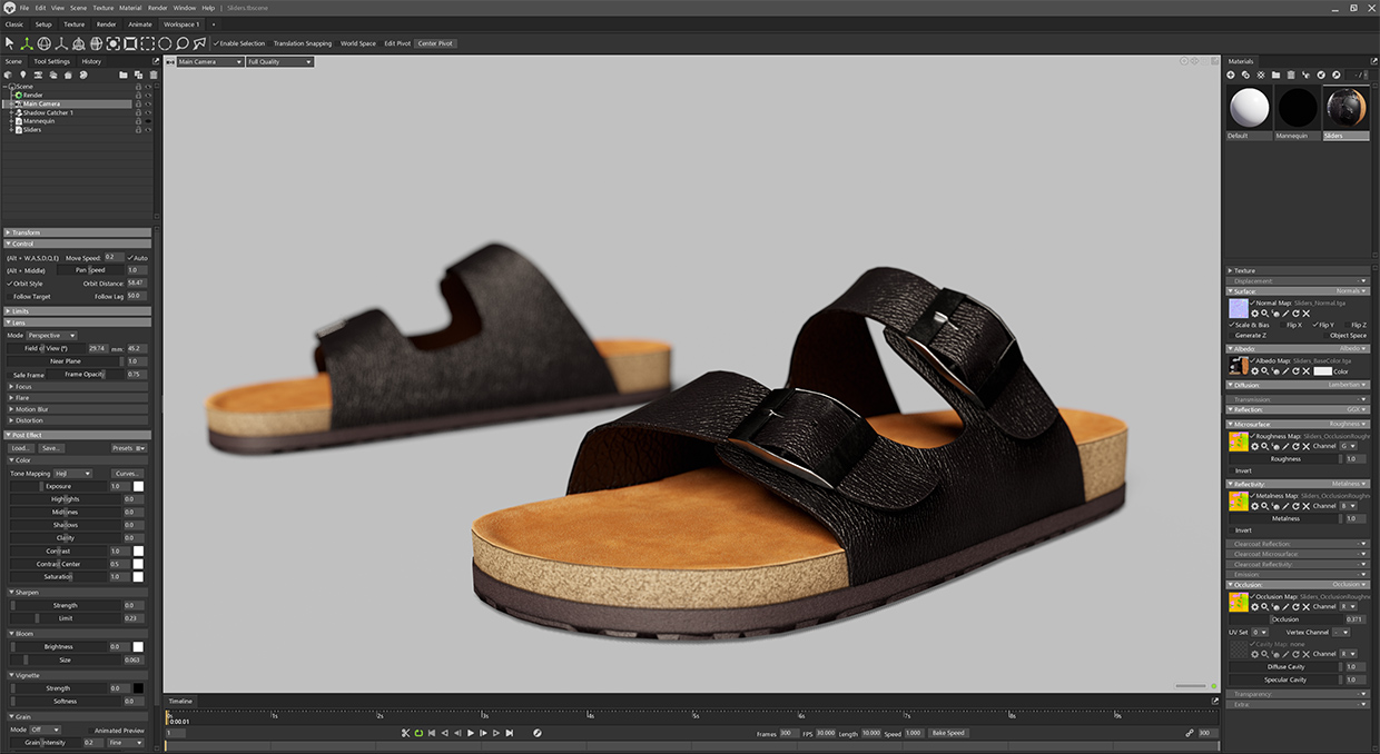 3D scanned slip-on sliders rendered in Marmoset with subtle textures.